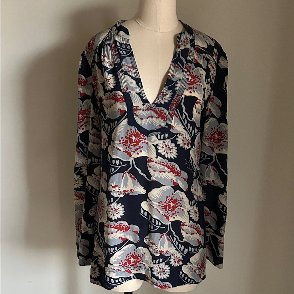 Tory Burch Floral Blouse in Navy and Red